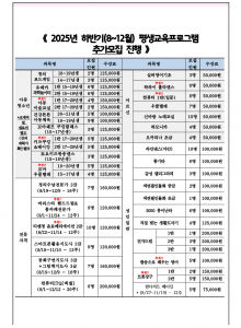2025 하반기 평생교육프로그램 강좌 중 아래 강좌를 대상으로 추가모집을 진행합니다.  아래 안내지를 확인하시고, 전화 또는 방문접수 바랍니다(041-903-3610)**정원마감 시 조기종료 될 수 있습니다**  [2025 하반기 평생교육 프로그램 안내지 링크]https://www.cswc2019.or.kr/bbs/board.php?bo_table=center_news_1&wr_id=740★위 링크의 내용을 꼭 확인해주세요(강좌 일정, 세부 내용 등) 